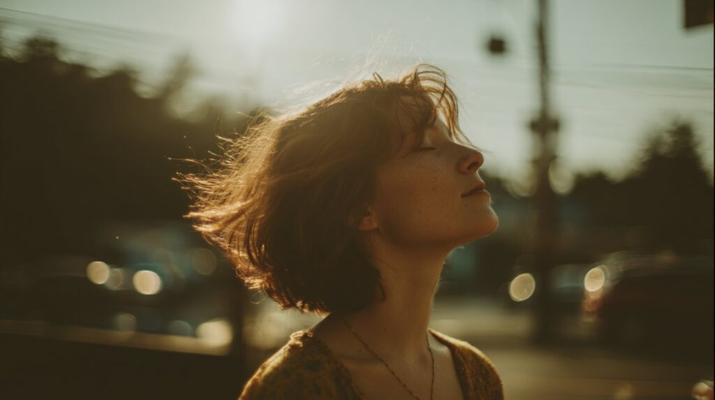 A young woman with closed eyes basking in warm sunlight, representing emotional clarity and peace during xanax tapering.