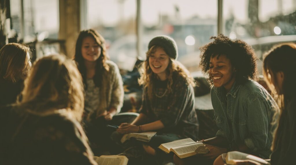 A group of women gather indoors with open Bibles, laughing and sharing together in a welcoming Christian group therapy environment.