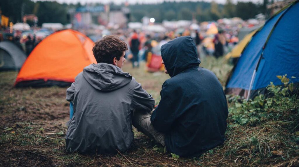 Two men sit in conversation near tents at an outdoor gathering, reflecting on mescaline side effects and abuse.
