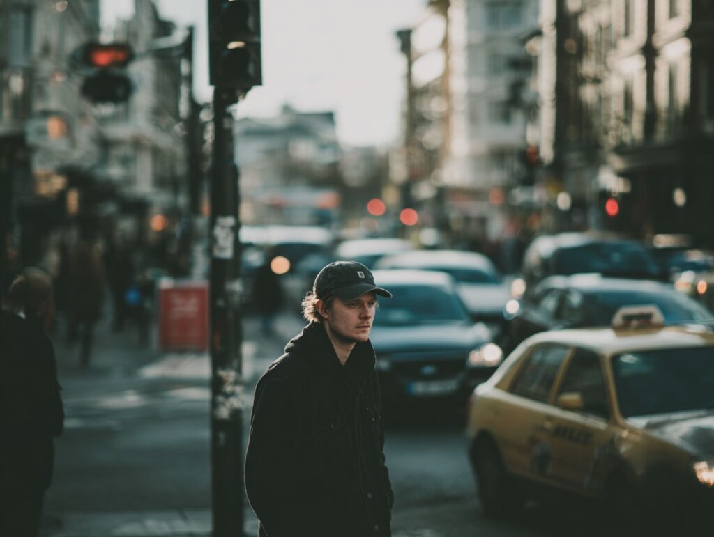 A young man stands at a busy city intersection, symbolizing the confusion and societal impact of Meth vs Adderall.