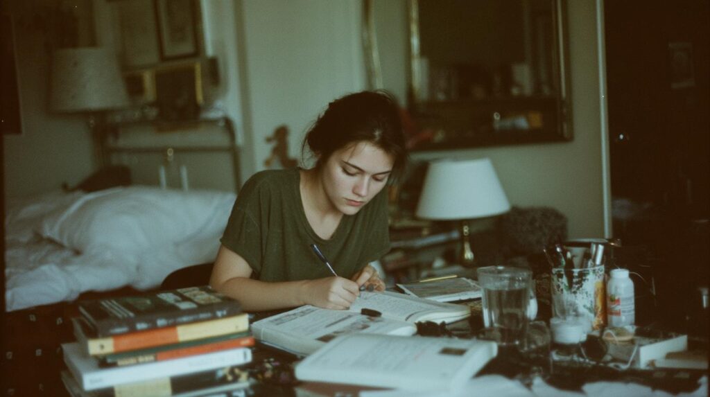 A young woman studies intensely at a cluttered desk, representing focus and concentration differences in Meth vs Adderall.