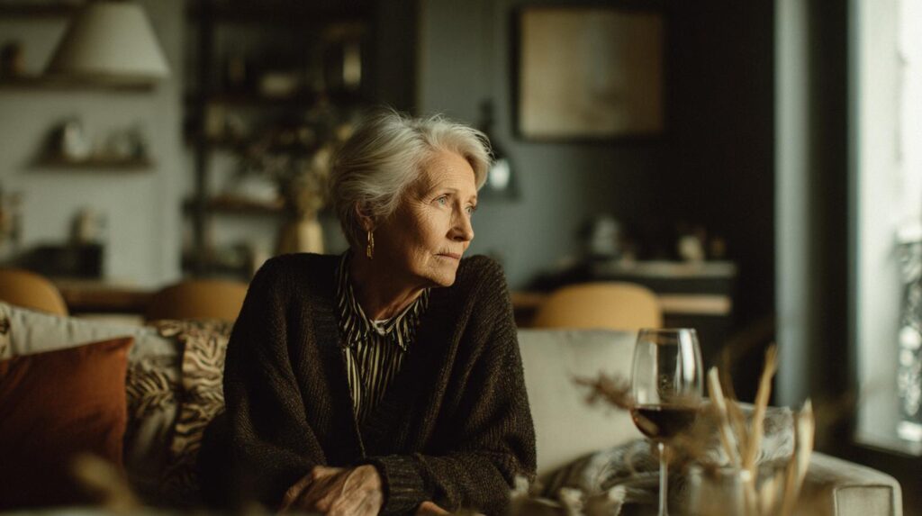 Elderly woman sitting indoors with a glass of wine, illustrating the quiet struggles of an elderly alcoholic.
