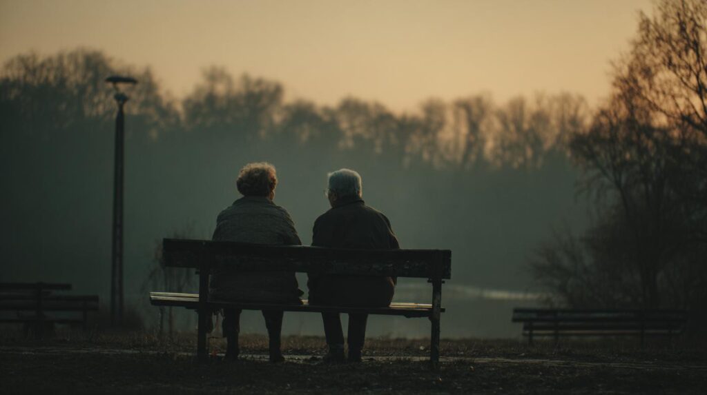 Elderly couple sitting on a park bench at sunrise, reflecting on the challenges of life as an elderly alcoholic.