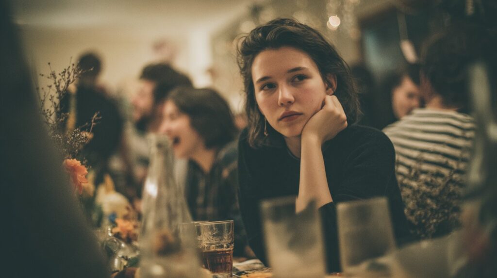 A young woman sits at a lively gathering, looking detached and reflective, expressing the sentiment "I do what I don't want to do."