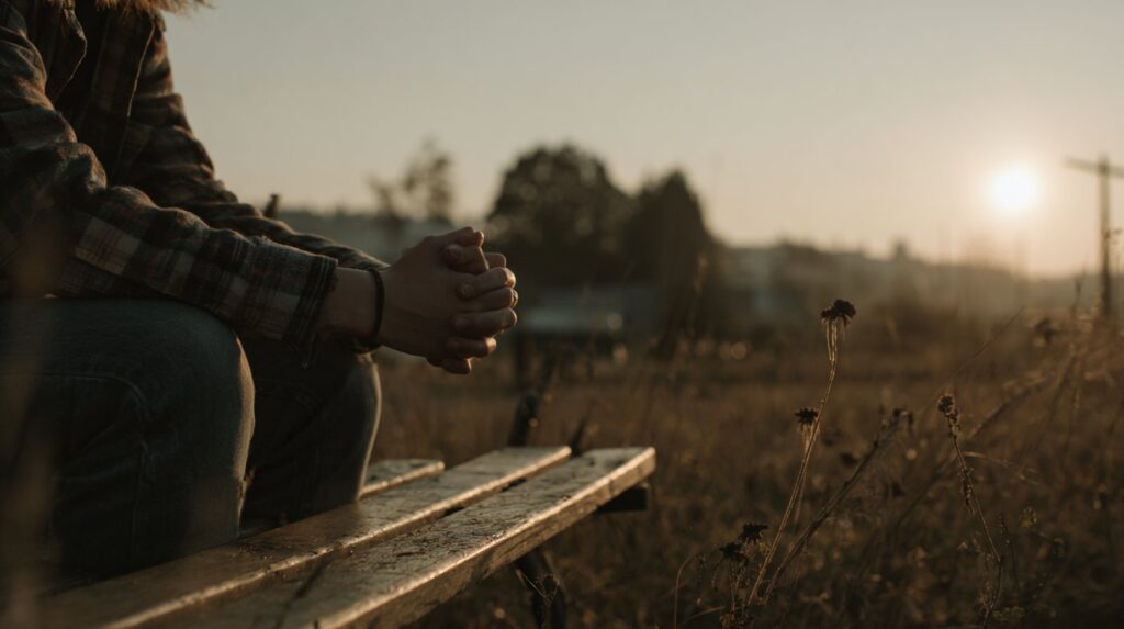 A person sits alone on a bench at sunrise, hands clasped in thought, embodying the struggle of "I do what I don't want to do."