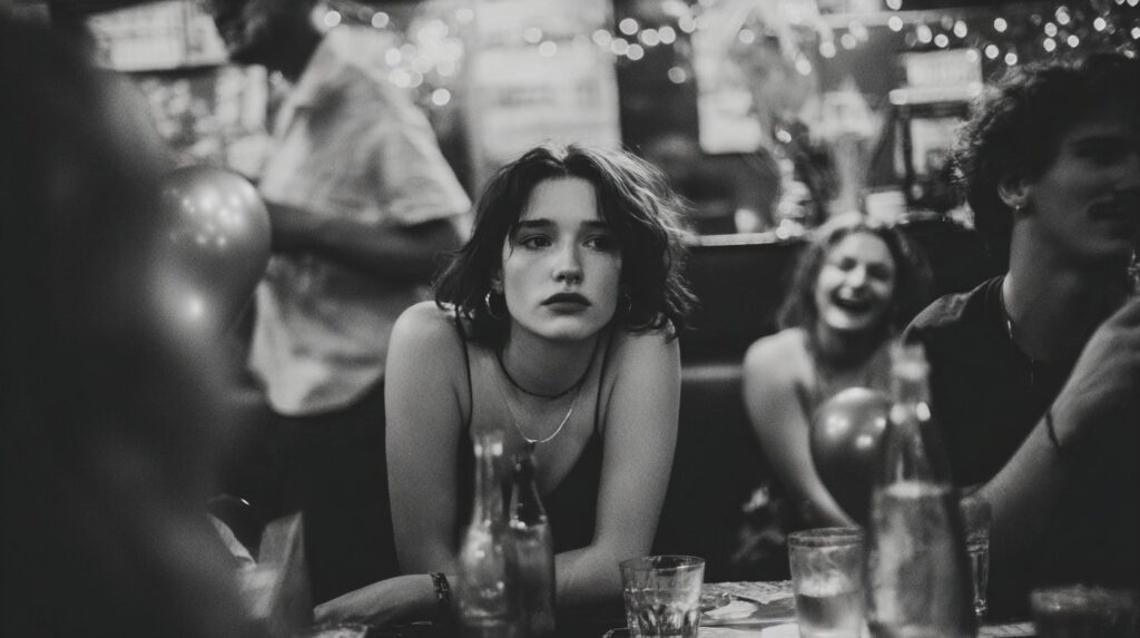 Young woman sitting in a crowded bar, staring pensively, portraying the isolation of prodigal son addiction.