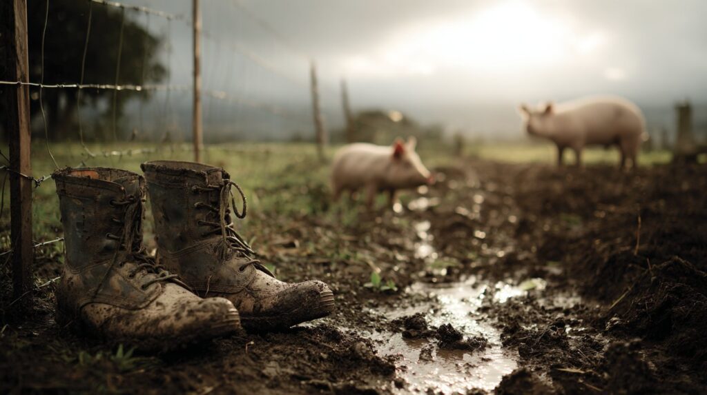 Mud-covered boots by a fence with pigs in the background, symbolizing the prodigal son addiction journey into hardship.