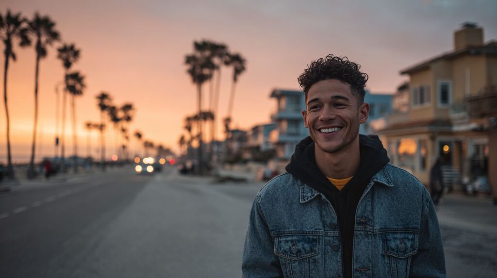 Smiling young man walking near the beach at sunset, symbolizing confidence and positivity, illustrating why group therapy works.